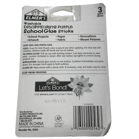 Elmer's Disappearing Purple Washable 3 Giant Glue Sticks New In Package - Picture 2 of 7